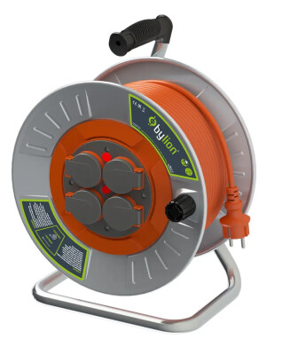BYLION MMP-30325-F Kapaklı Metal Seyyar Makara Ø300 IP44 F Tipi 3x2,5 TTR 30M Turuncu Kablo - BYLION