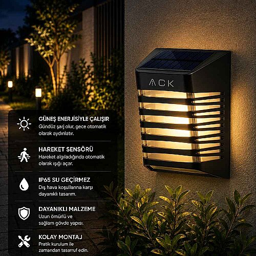 ACK AG60-09851 3000K Siyah Solar LED Çit / Duvar Apliği - ACK (1)
