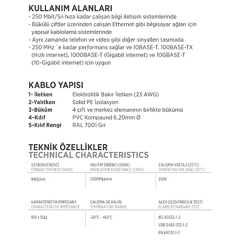 Erse Erline CAT 6 U/UTP 23 AWG PVC Gri Renk İletişim Kablosu - 3
