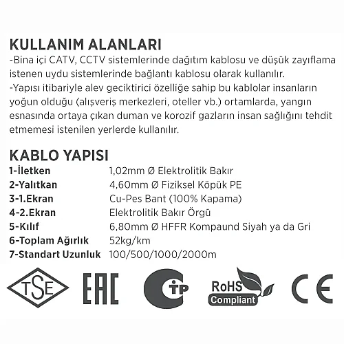 Erse Coaxial RG 6/U-6 Cu/Cu Class B HFFR Anten Kablosu - 3
