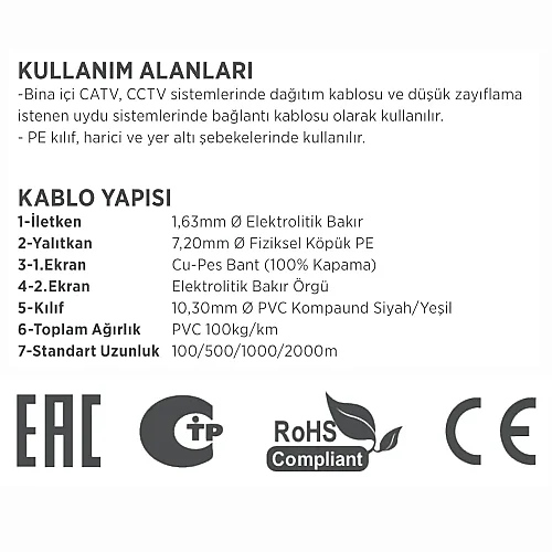 Erse Coaxial RG 11/U-6 Cu/Cu PVC Anten Kablosu - 3