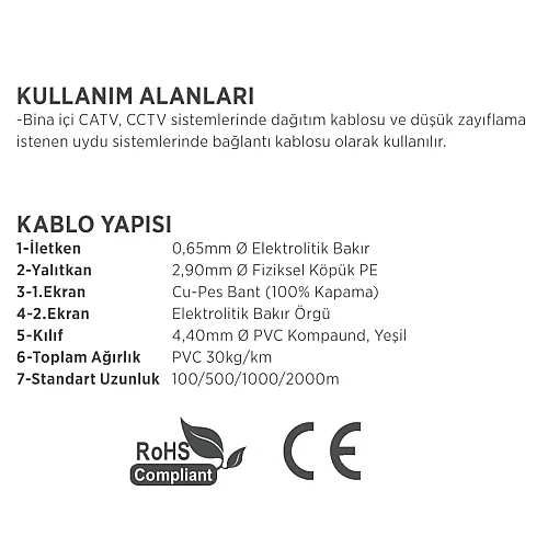 Erse Coaxial MINI/U-6 Cu/Cu PVC Anten Kablosu - 3