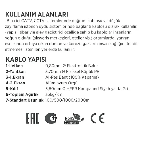 Erse CCTV-AL 1 COAX RG 59/U-4+2x0,22+2x0,75 mm² HFFR Kamera Kablosu - 3