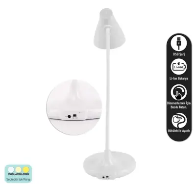 ACK AF11-10013 Led Masa Lambası Şarjlı Dimli Dokunmatik Beyaz Kasa - 6