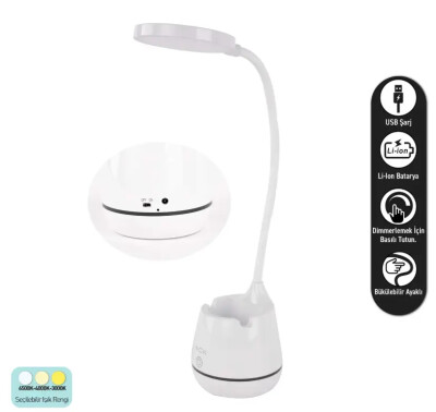 ACK AF11-10014 Led Masa Lambası Şarjlı Dimli Dokunmatik Beyaz Kasa - ACK