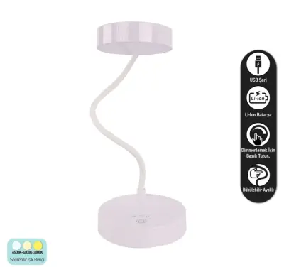 ACK AF11-10015 Led Masa Lambası Şarjlı Dimli Dokunmatik Beyaz Kasa - 1