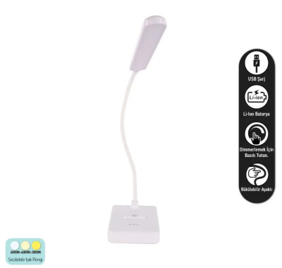 ACK AF11-10016 Led Masa Lambası Şarjlı Dimli Dokunmatik Beyaz Kasa - ACK
