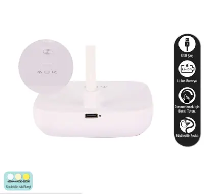 ACK AF11-10017 Led Masa Lambası Şarjlı Dimli Dokunmatik Beyaz Kasa - 5