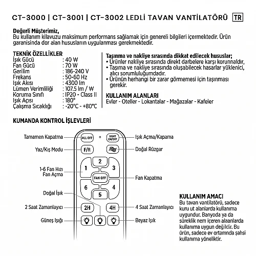Cata CT-3000 Cenevre Ledli Tavan Vantilatörü 3 Renkli Işık - 2