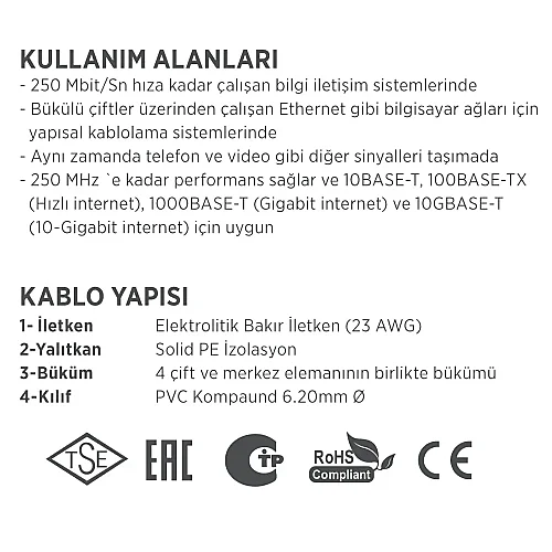 Erse Erline CAT 6 U/UTP 23 AWG PE Harici (Dış Mekan) Ethernet Kablosu - 3