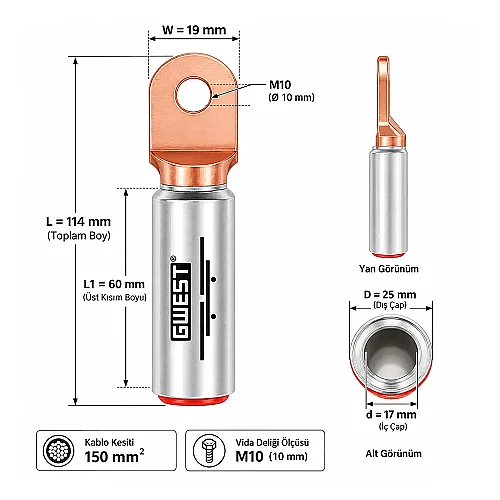 Gwest 7069 150-10 Bimetal (AL-CU) Kablo Pabucu - 3