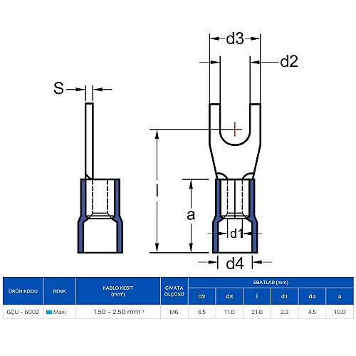 Gwest GÇU-6002 1.50 - 2.50 mm ² Çatal Tip İzoleli Kablo Ucu - 2