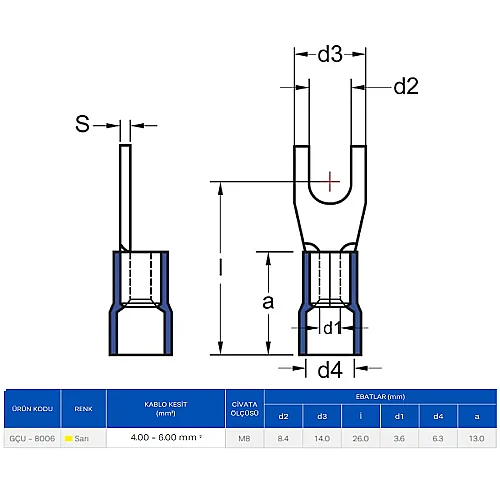 Gwest GÇU-8002 4.00 - 6.00 mm ² Çatal Tip İzoleli Kablo Ucu - 2