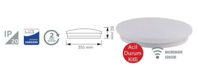 İnoled 18W Acil Kitli Sensörlü Led Tavan Armatürü 6500K Beyaz Işık - 2