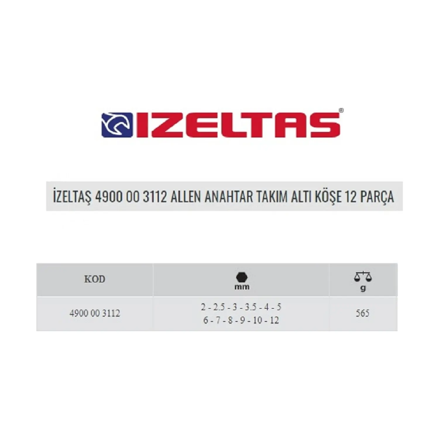 İzeltaş 4900 00 3112 Allen Anahtar Takımı Altı Köşe 12 Parça - İZELTAŞ (1)